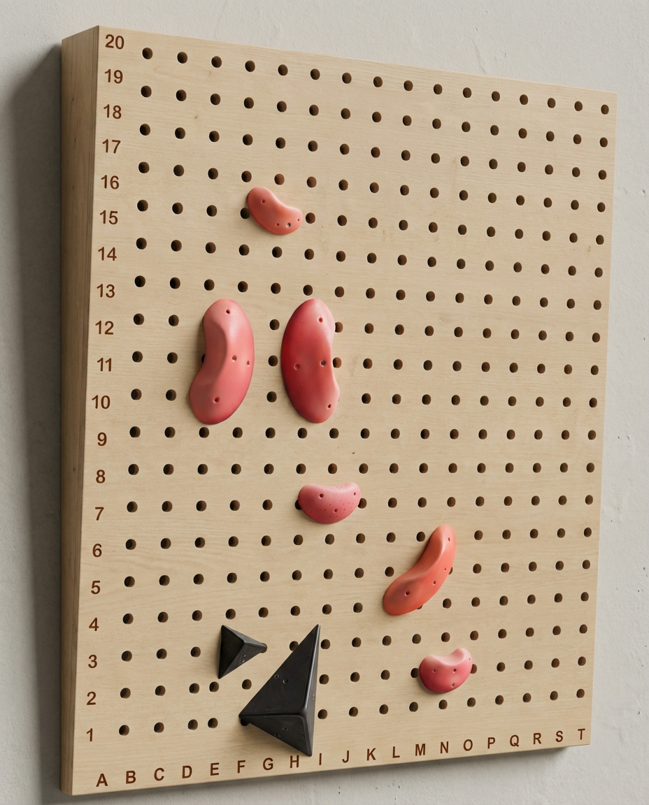 Pink bean holds on coordinate-marked pegboard